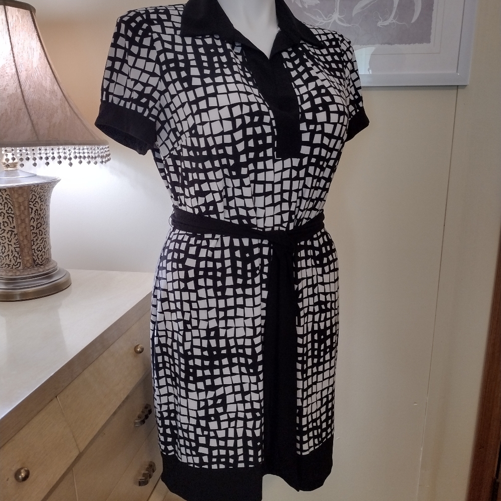 Chaps XL Black Ivory Abstract Classic Collared Short Sleeve Belted Shirt Waist - Picture 1 of 11